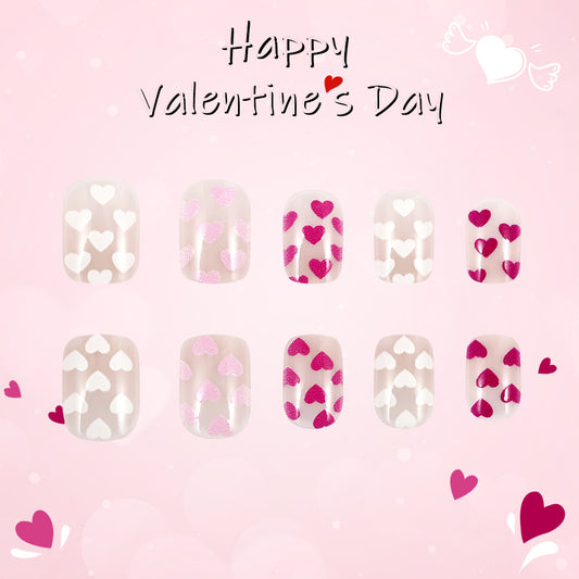 Charming Love Celebration Short Squoval Pink and White Heart Press On Nail Set with Glitter Accents