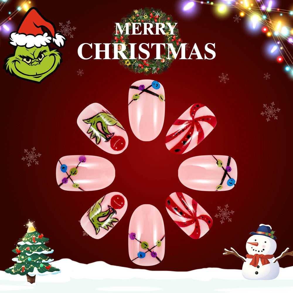 Grinch Inspired Festive Medium Oval Bright Pink Press On Nail Set With Whimsical Holiday Designs