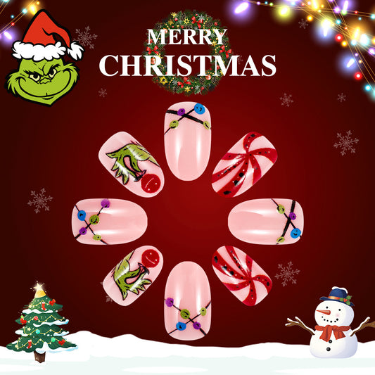 Grinch Inspired Festive Medium Oval Bright Pink Press On Nail Set With Whimsical Holiday Designs