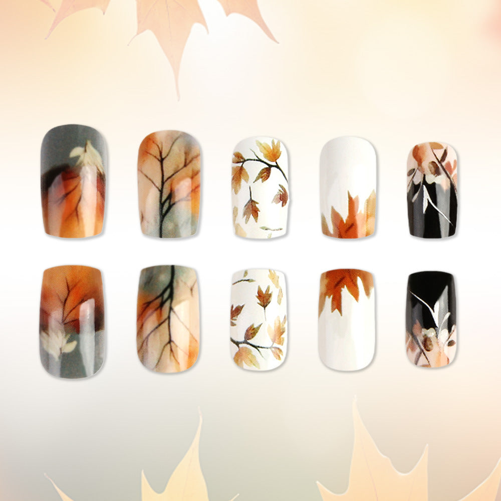 Autumn Elegance Short Square Orange Leaf Design Press On Nail Set