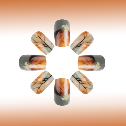 Autumn Elegance Short Square Matte Gray and Warm Peach Floral Press-On Nail Set