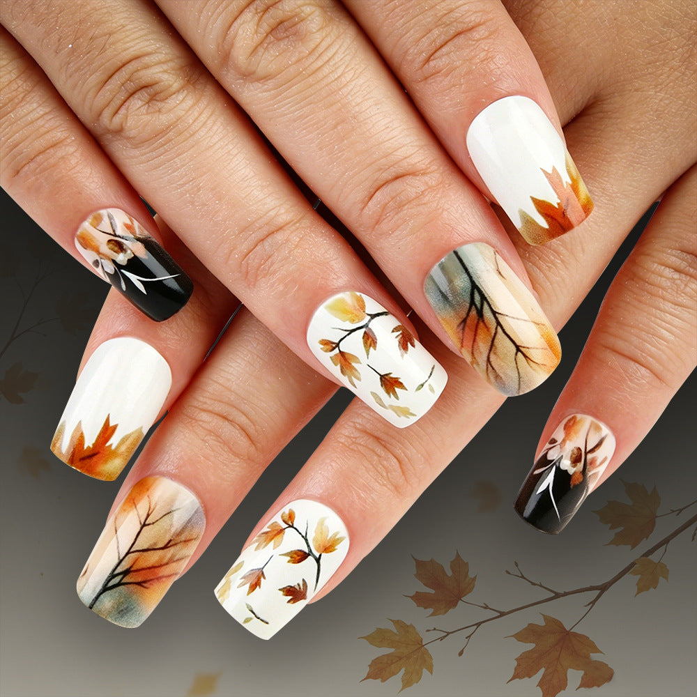 Autumn Elegance Medium Square Orange Leaf Design Press On Nail Set