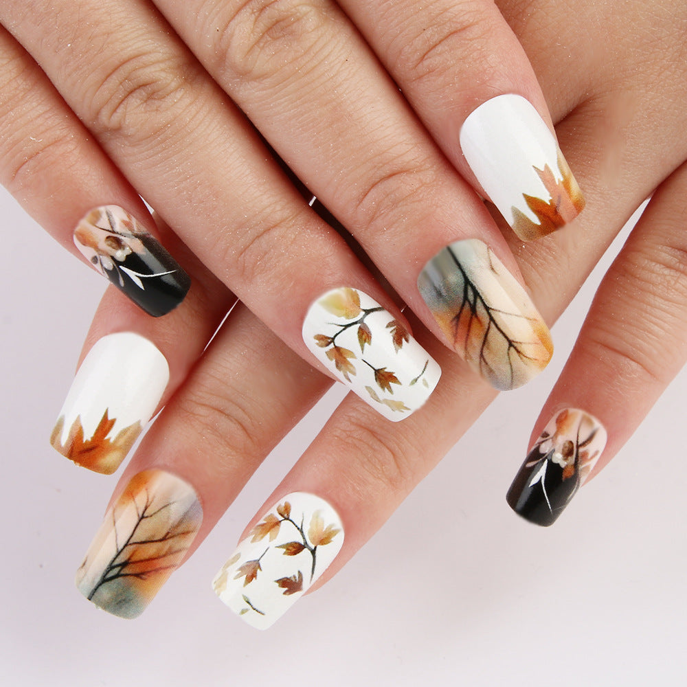 Autumn Elegance Long Square White and Black with Artistic Leaf Patterns Press On Nail Set