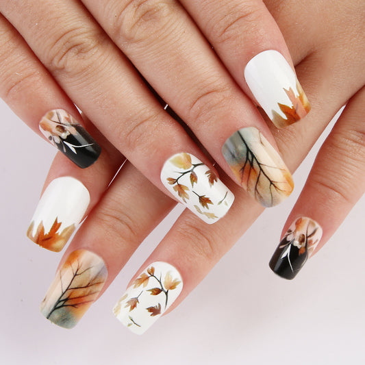 Autumn Elegance Long Square White and Black with Artistic Leaf Patterns Press On Nail Set