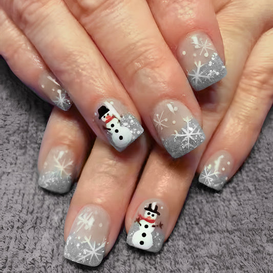 Frosty Winter Wonderland Short Square Gray and White Snowflake and Snowman Press-On Nail Set