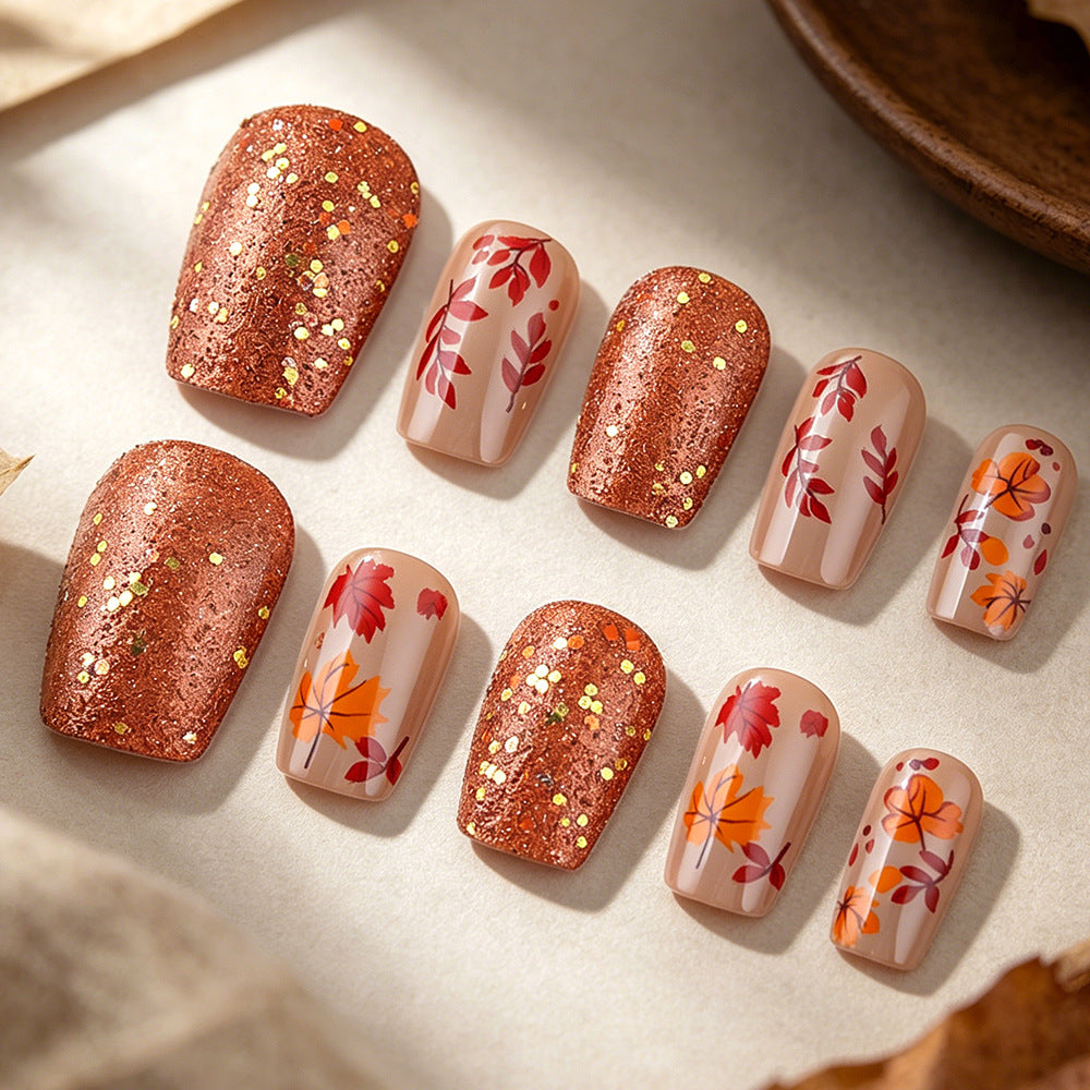 Autumn Elegance Medium Square Orange Glitter Press-On Nail Set