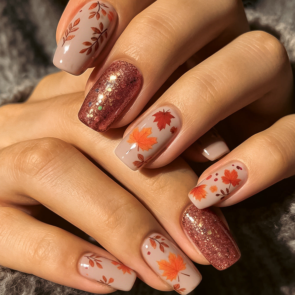 Autumn Bliss Medium Square Rustic Floral Press On Nail Set
