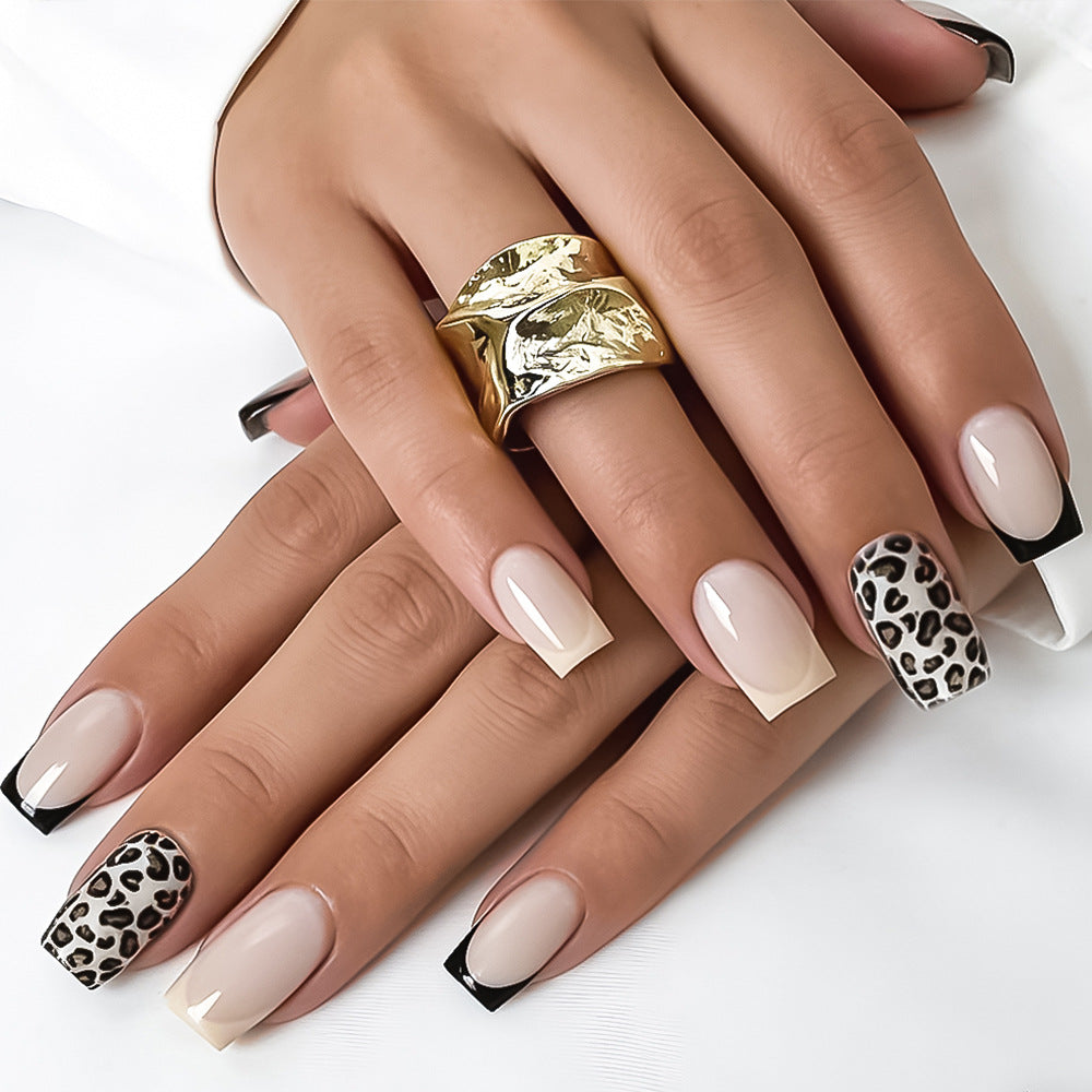 Wild Safari Short Square Beige with Leopard Accent Press on Nail Set
