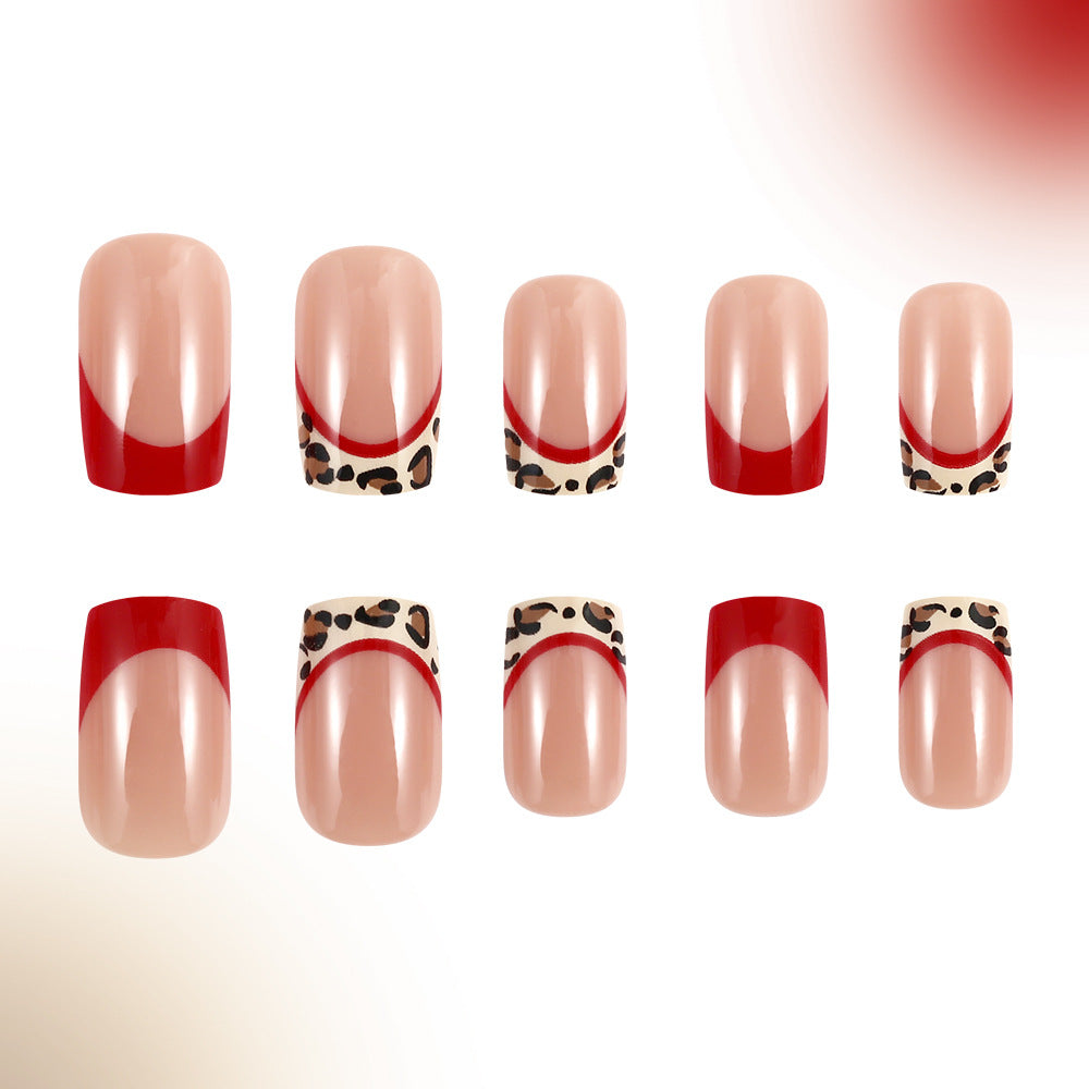 Savannah Chic Short Square Natural Beige with Bold Red and Trendy Leopard Accent Press On Nail Set