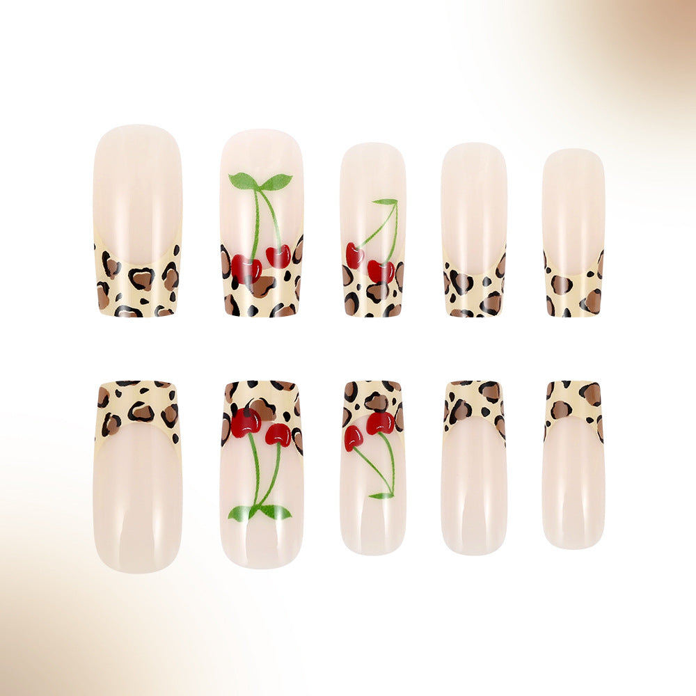 Cherry Leopard Chic Medium Square Beige Press On Nail Set with Vibrant Cherry Design