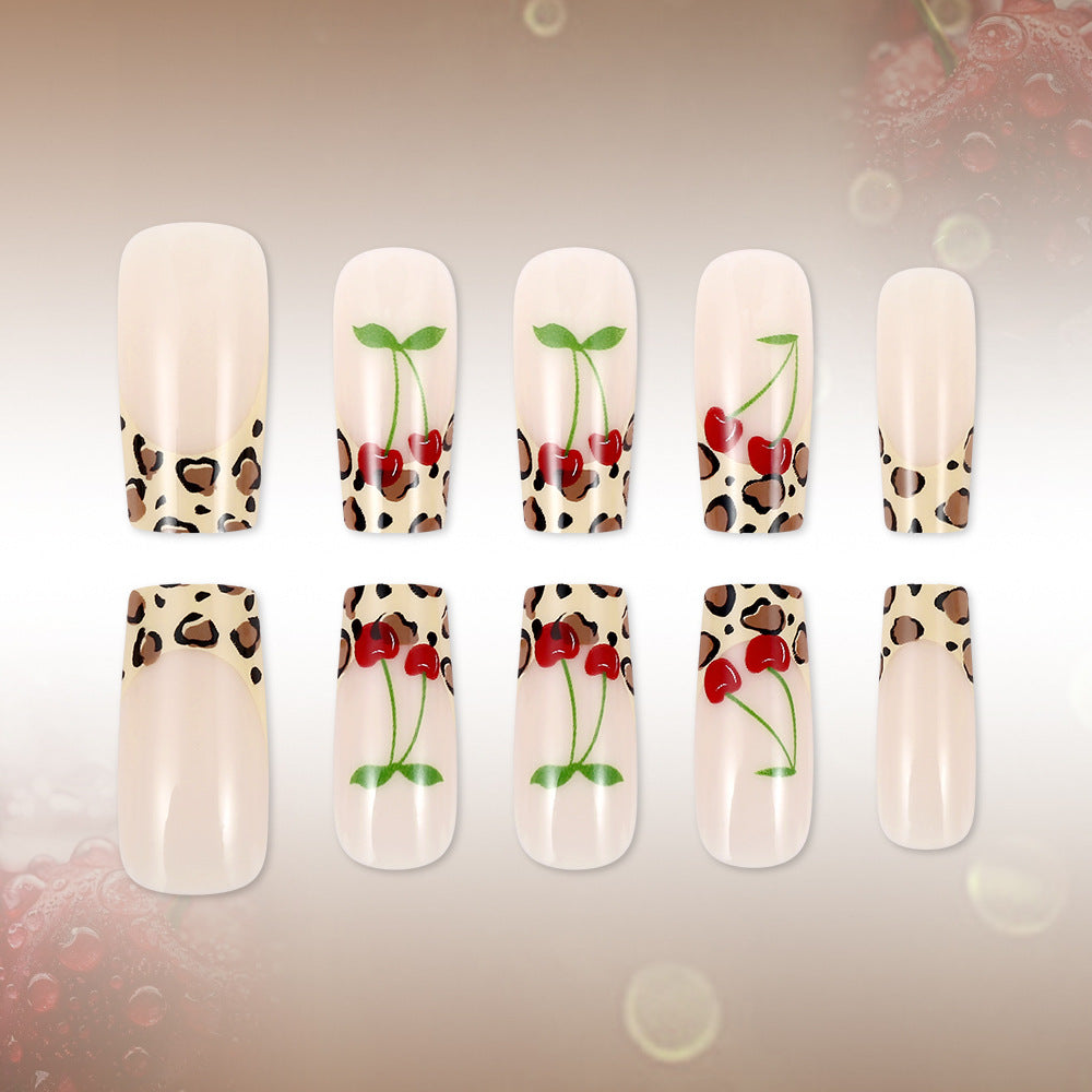 Cherry Blossom Dream Long Square Beige Leopard Print Press On Nail Set