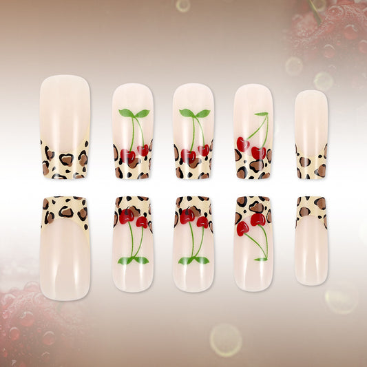 Cherry Blossom Dream Long Square Beige Leopard Print Press On Nail Set