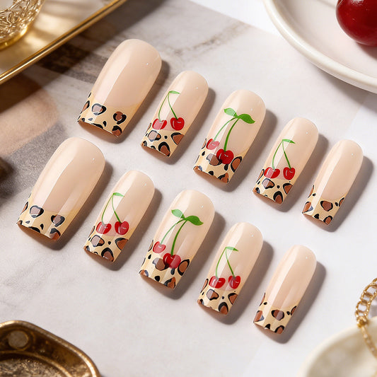 Cherry Leopard Medium Square Press On Nail Set with Unique Artistic Design