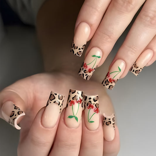 Wild Cherry Patterned Long Square Press On Nail Set with Unique Leopard Design