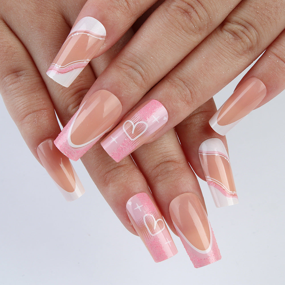 Charming Romance Long Coffin Pink with Heart Design Press-On Nail Set