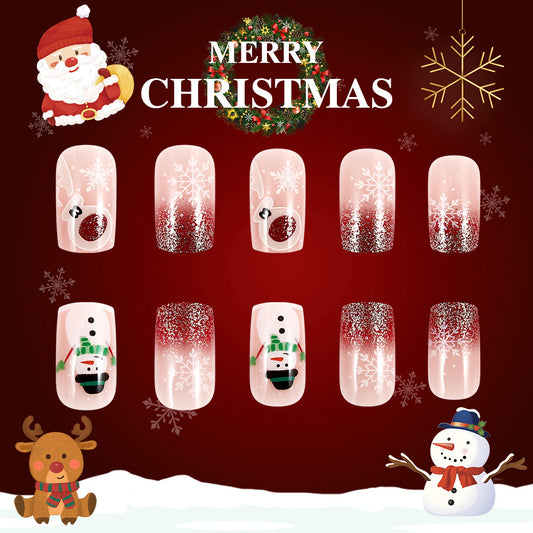 Festive Cheer Medium Square Transparent with Red Ombre Sparkle and Holiday Themed Designs Press On Nail Set