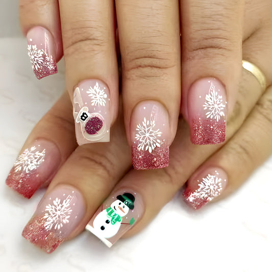Winter Wonderland Elegant Square Pink Gradient Short Square Press On Nail Set with Snowflake and Snowman Designs
