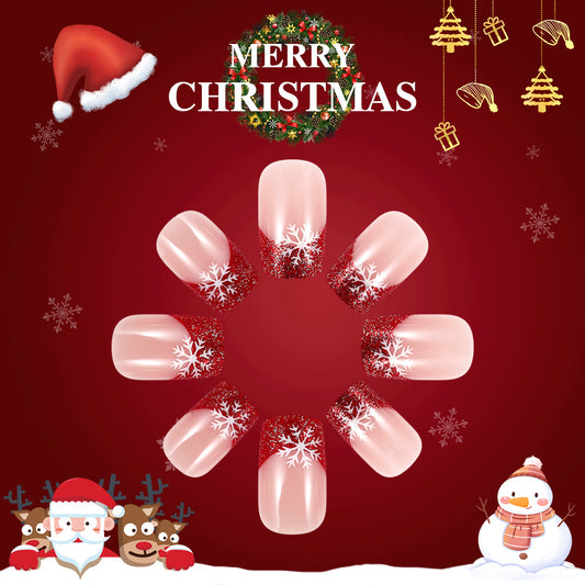 Festive Winter Wonderland Short Square Pink with Snowflake Glitter Design Press On Nail Set