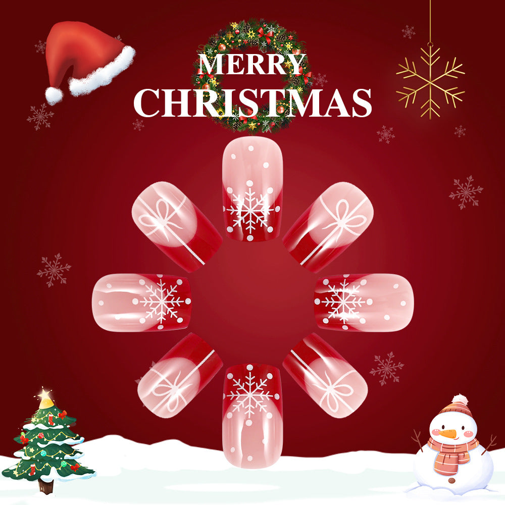 Festive Winter Wonderland Short Square Red and Clear Press-On Nails with Snowflake Designs