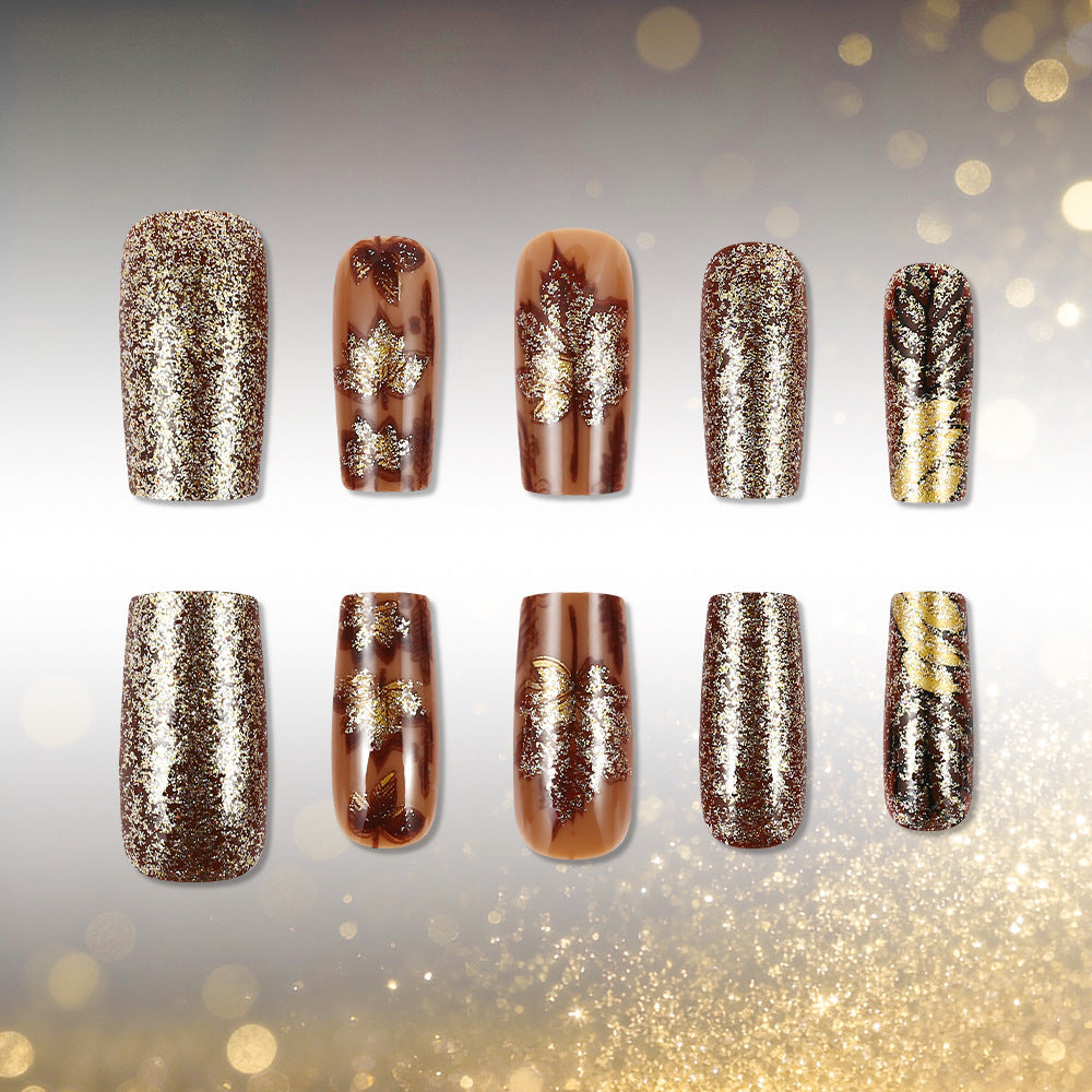 Autumn Elegance Long Square Brown Glitter Press On Nail Set with Unique Leaf Design