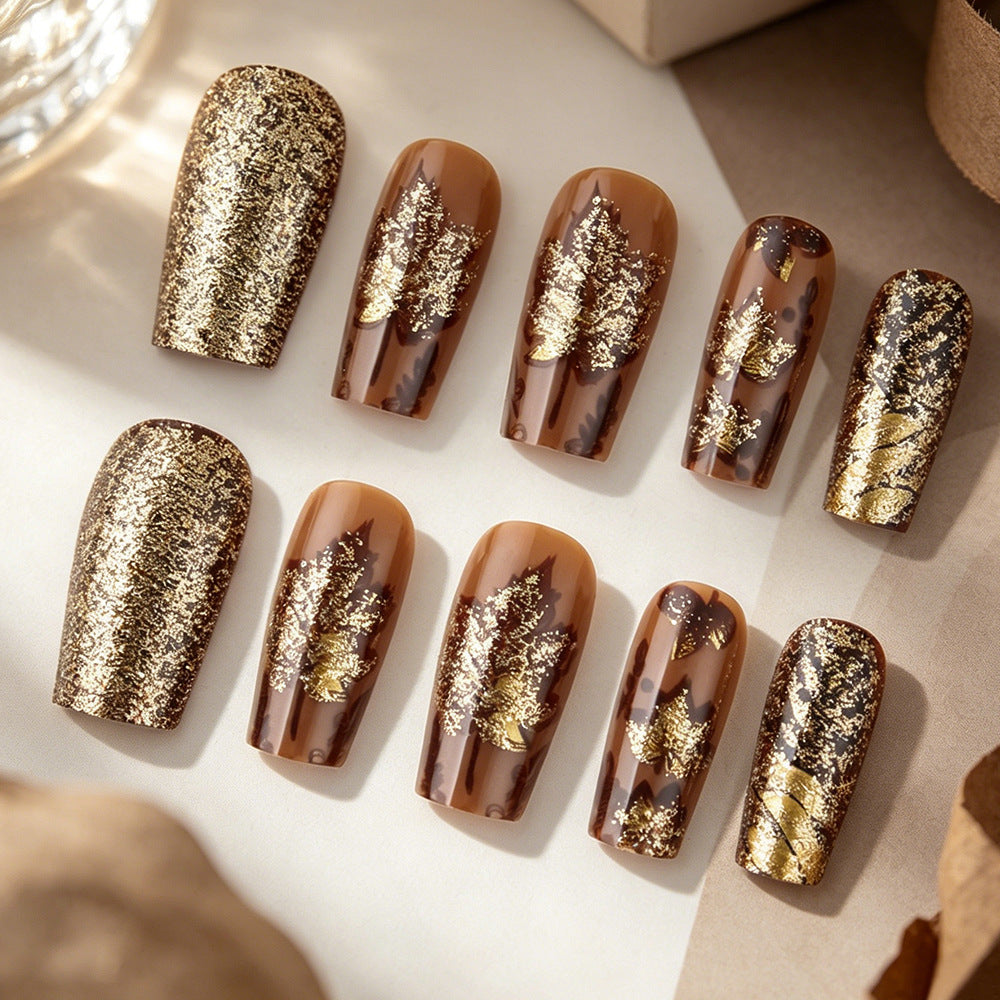 Autumn Elegance Long Square Brown with Gold Leaf Press On Nail Set