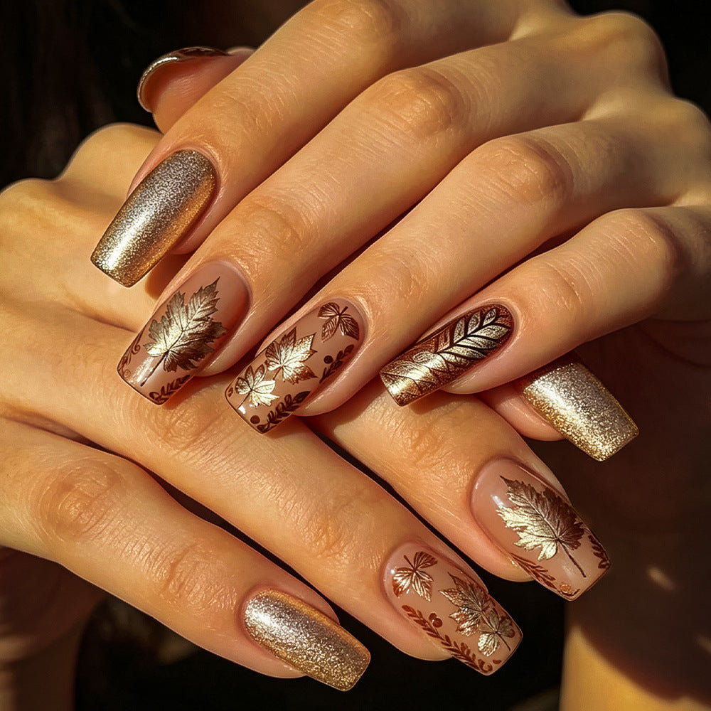 Autumn Elegance Medium Square Brown Metallic Press On Nail Set with Leaf Designs