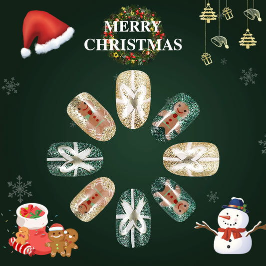 A set of round press-on nails with a Christmas theme, featuring a gingerbread man design in green and gold colors.