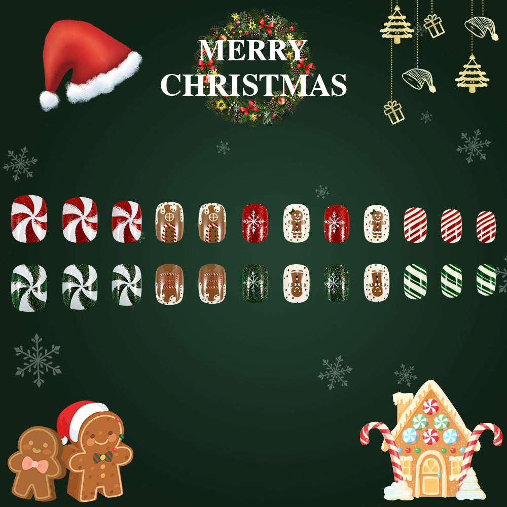 Festive Delight Short Square Red Green and White Candy-Themed Press on Nail Set with Glitter Accents