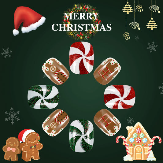 Festive Winter Wonderland Short Square Green and White Swirl Design with Glittery Sparkles Press On Nail Set