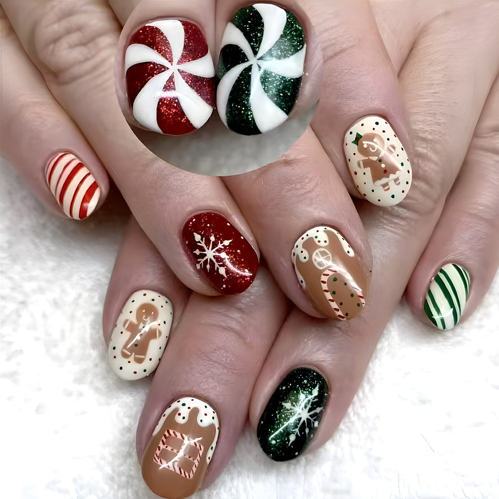 Festive Holiday Glittery Short Squoval Red Green and White Candy-Themed Press On Nail Set