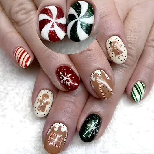 Festive Holiday Glittery Short Squoval Red Green and White Candy-Themed Press On Nail Set