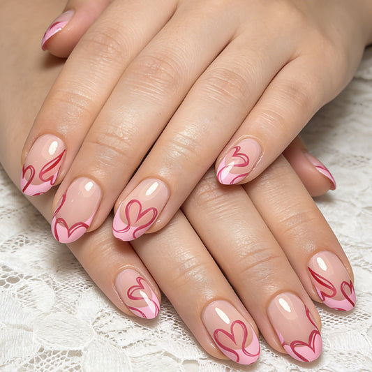 Sweet Romance Long Almond Pink Press On Nail Set with Charming Heart Designs