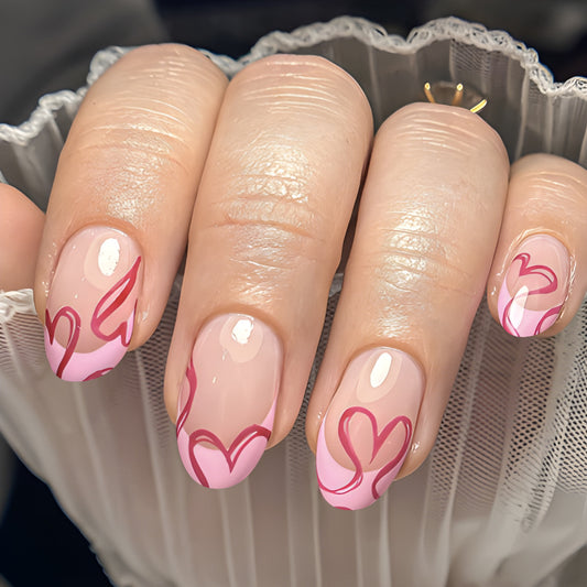 Charming Romance Short Almond Pink with Heart Motif Press-On Nail Set