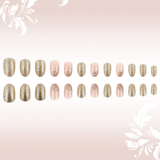 Glamorous Dreamy Short Oval Golden Sparkle Press On Nail Set with Elegant Floral Designs