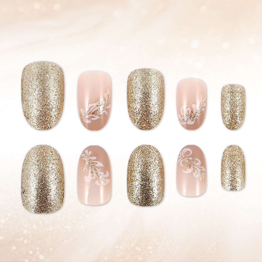 Glamorous Elegance Short Round Golden Sparkle Press On Nail Set