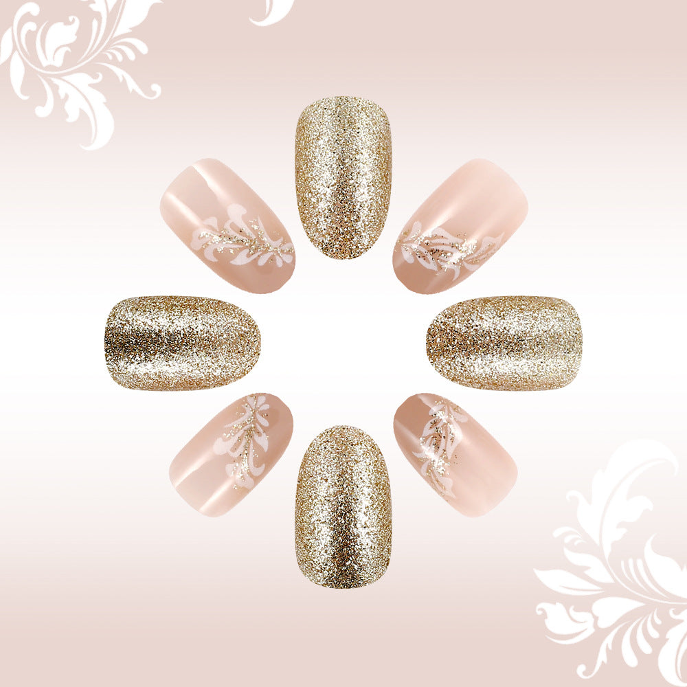 Elegant Glamour Soft Short Oval Blush Pink and Shimmering Gold with Floral Accents Press On Nail Set
