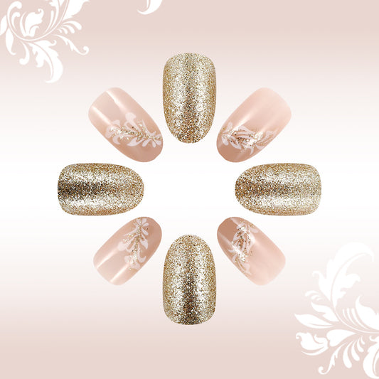 Elegant Glamour Soft Short Oval Blush Pink and Shimmering Gold with Floral Accents Press On Nail Set