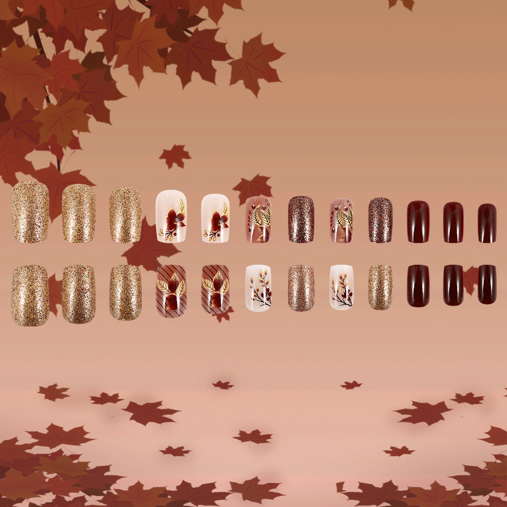 Autumn Elegance Medium Square Burgundy and Gold Glitter Press On Nail Set with Floral Accents