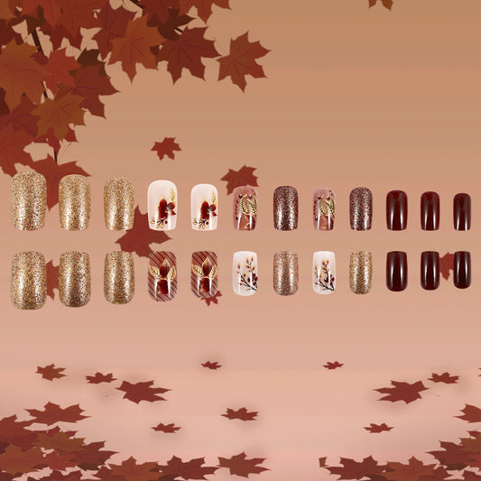 Autumn Elegance Medium Square Burgundy and Gold Glitter Press On Nail Set with Floral Accents