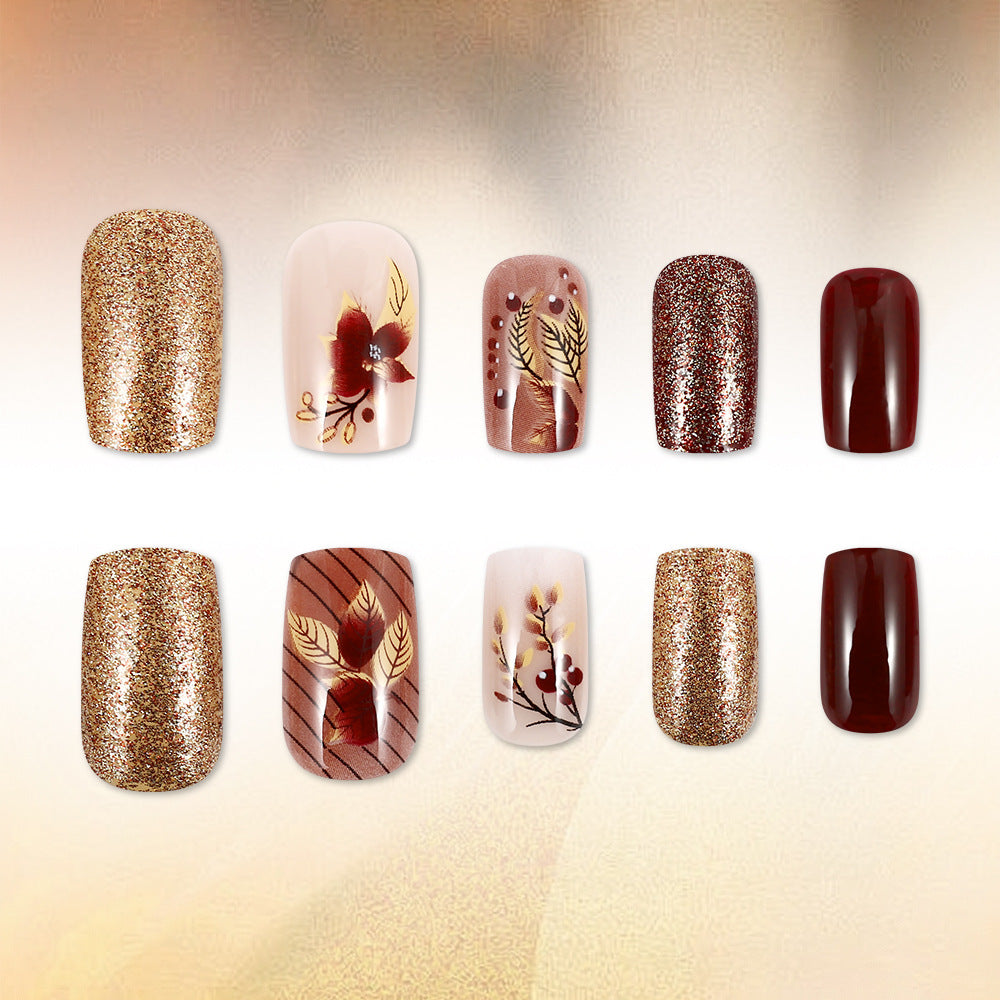 Autumn Elegance Short Square Burgundy with Floral Art Press On Nail Set
