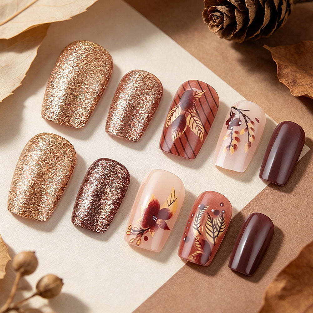 Autumn Elegance Medium Square Burgundy with Artistic Floral Design Press On Nail Set