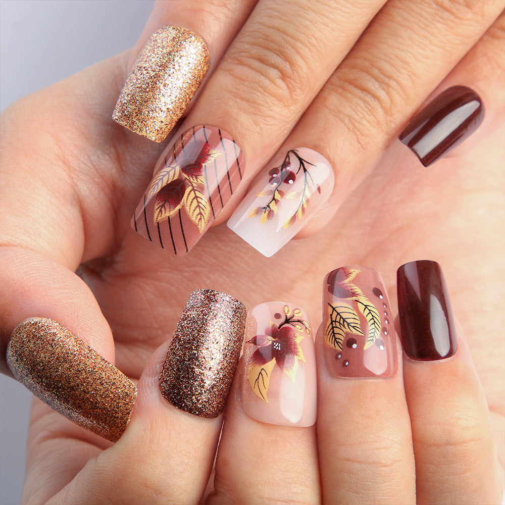 Autumn Elegance Medium Square Burgundy and Gold Glitter Press-On Nail Set with Floral Designs