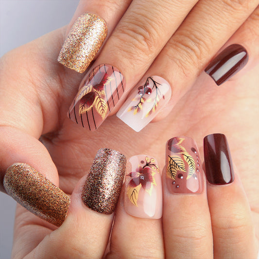 Autumn Elegance Medium Square Burgundy and Gold Glitter Press-On Nail Set with Floral Designs