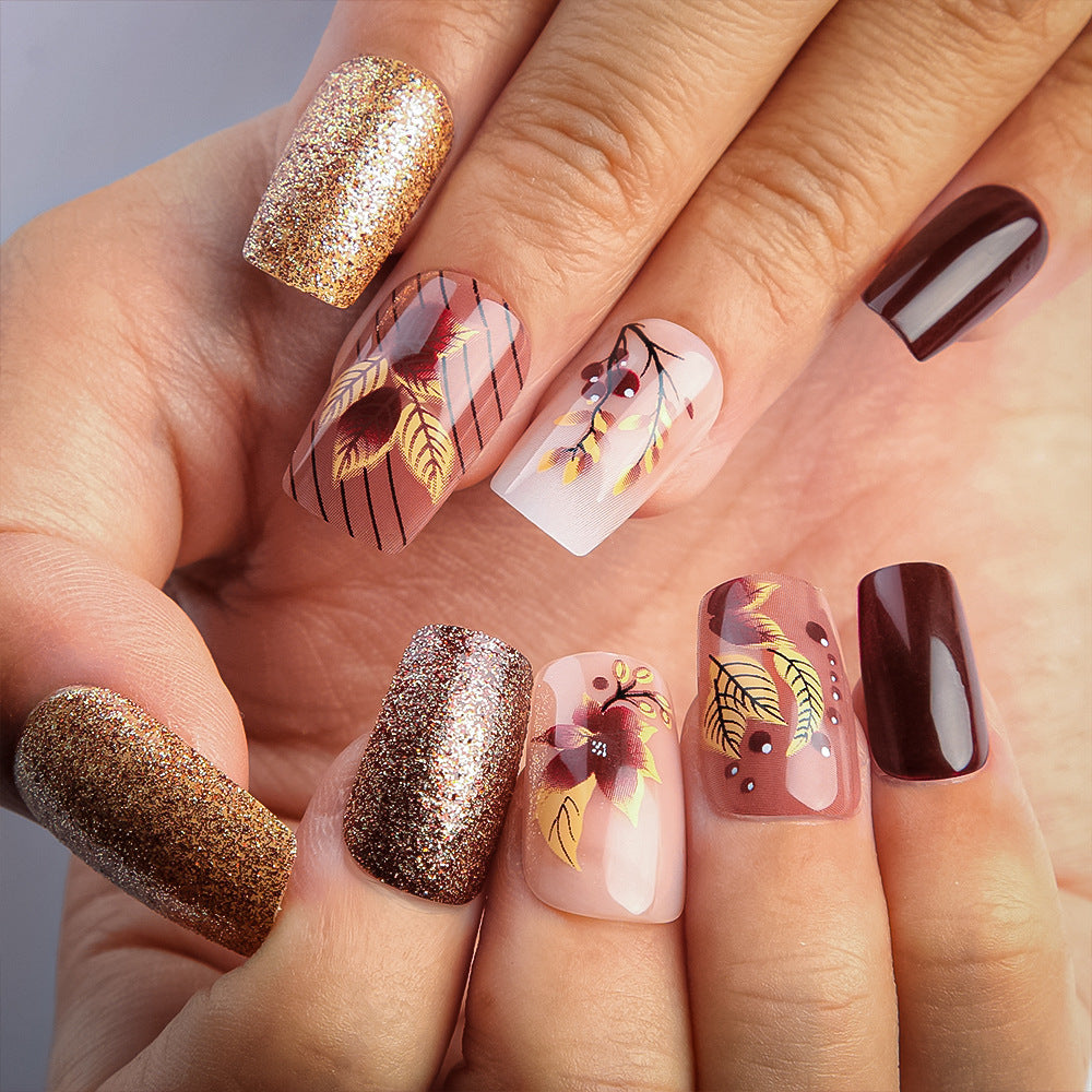 Autumn Elegance Medium Square Burgundy with Glitter Accents Press On Nail Set