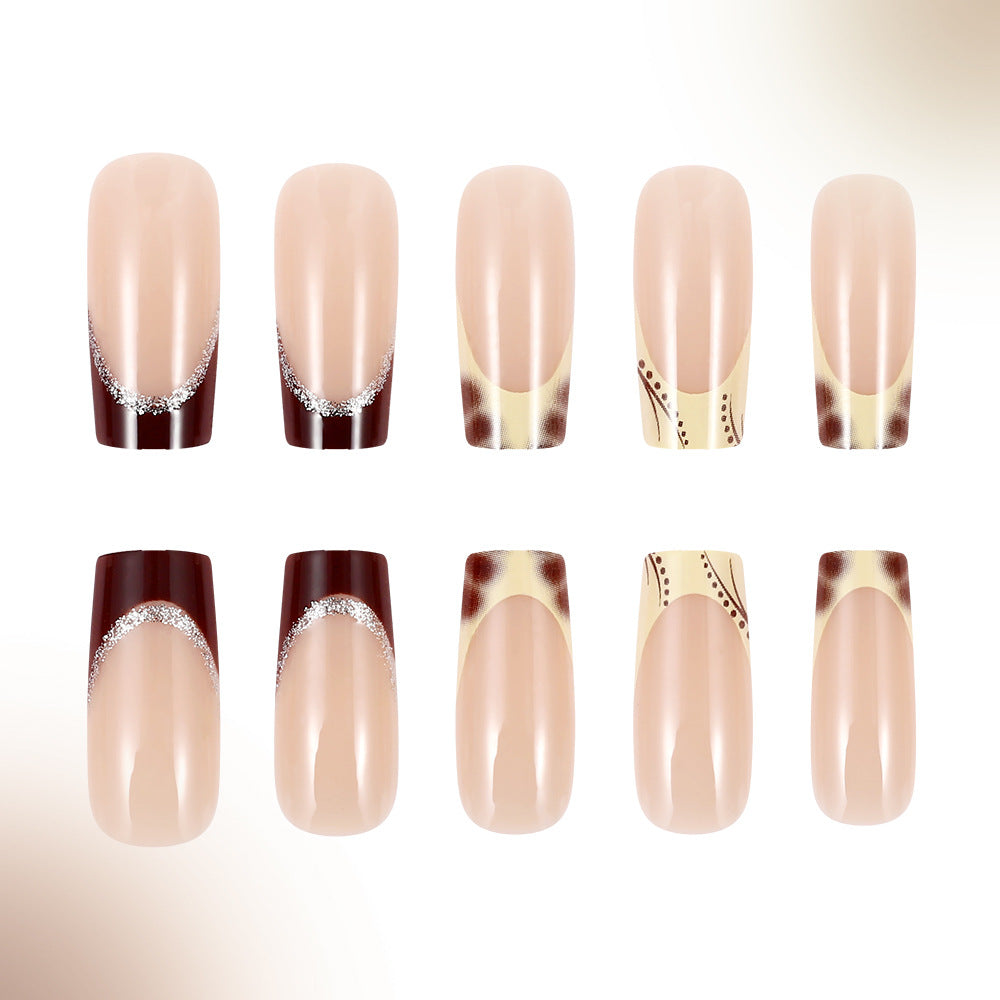 Glamorous Safari Inspired Medium Square Shaped Beige and Dark Burgundy Press On Nail Set with Elegant Gem Accents