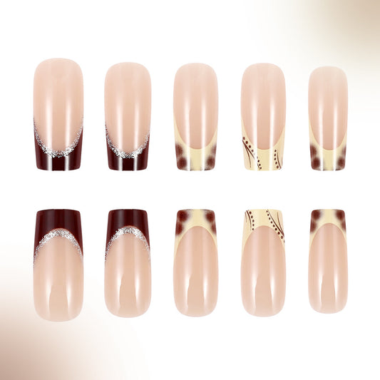 Glamorous Safari Inspired Medium Square Shaped Beige and Dark Burgundy Press On Nail Set with Elegant Gem Accents
