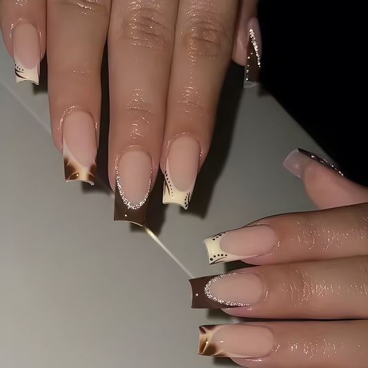 Glamourous Elegance Medium Square Gradient Beige and Brown Press On Nail Set with Shimmering Accent Design