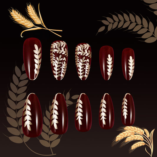 Harvest Elegance Lengthy Short Almond Burgundy Nail Set Featuring Intricate Gold Leaf Design