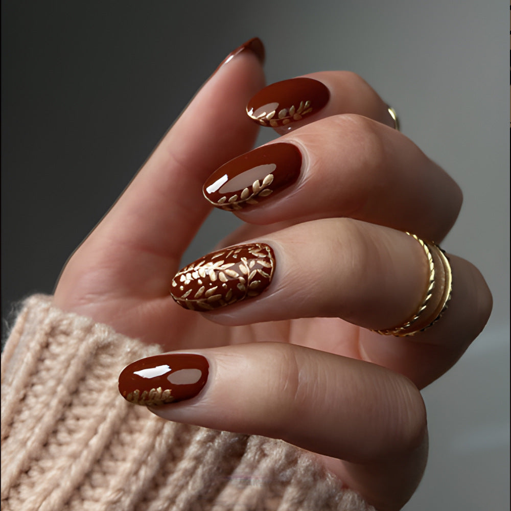 Autumn Elegance Short Oval Burgundy Press-On Nail Set with Gold Leaf Accents