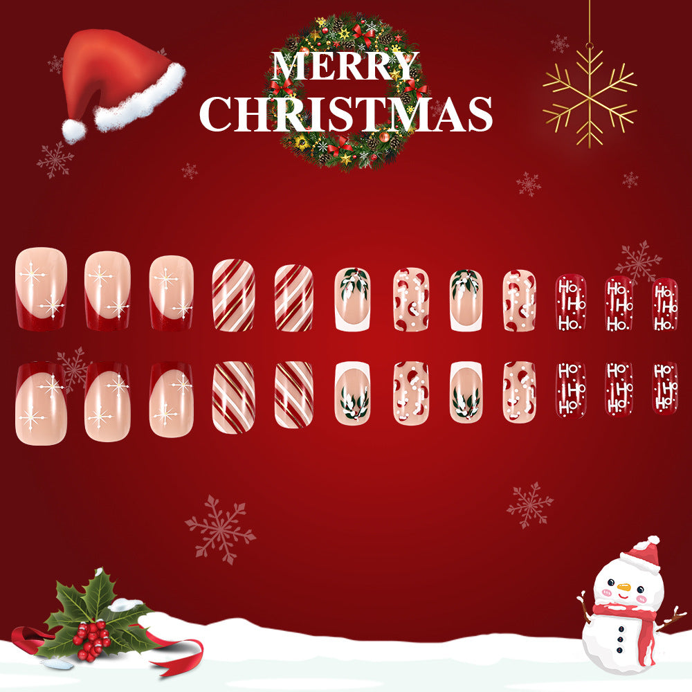 Collection of Christmas-themed nail art designs on a red background with festive decorations.